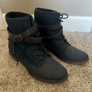 Navy Faux Leather and Cloth Strap Booties